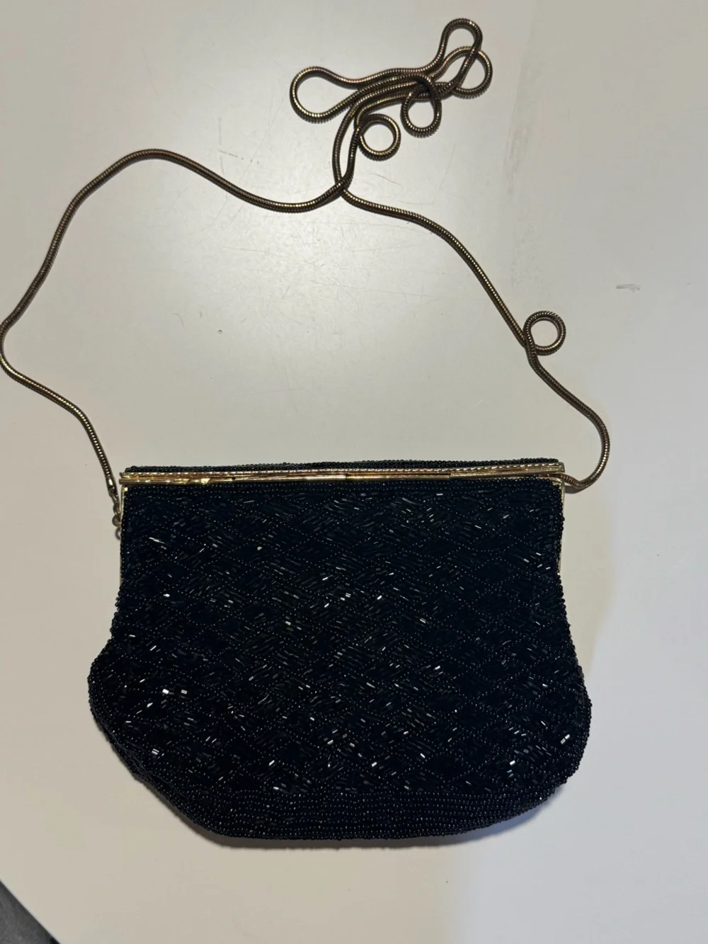 Black Beaded Evening Wristlet with Gold Chain